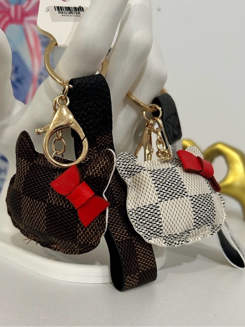 Checkered Kitty with Red Bow Bag Charm / Keychain